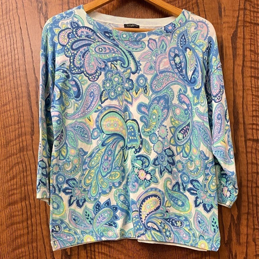 Talbots petite 3/4 sleeve purple and blue‎ paisley sweater
